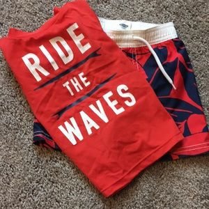 Toddler bathing suit bottoms with rash guard top.